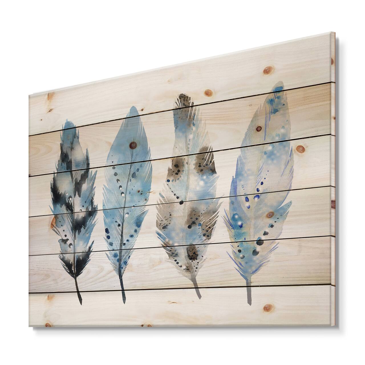 Designart - Blue Boho Feathers I - Bohemian & Eclectic Print on Natural Pine Wood
